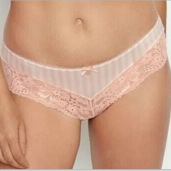 Victorias Secret Body Supersoft Satiny Striped Lace waist Hiphugger panty Pink - Picture 2 of 8